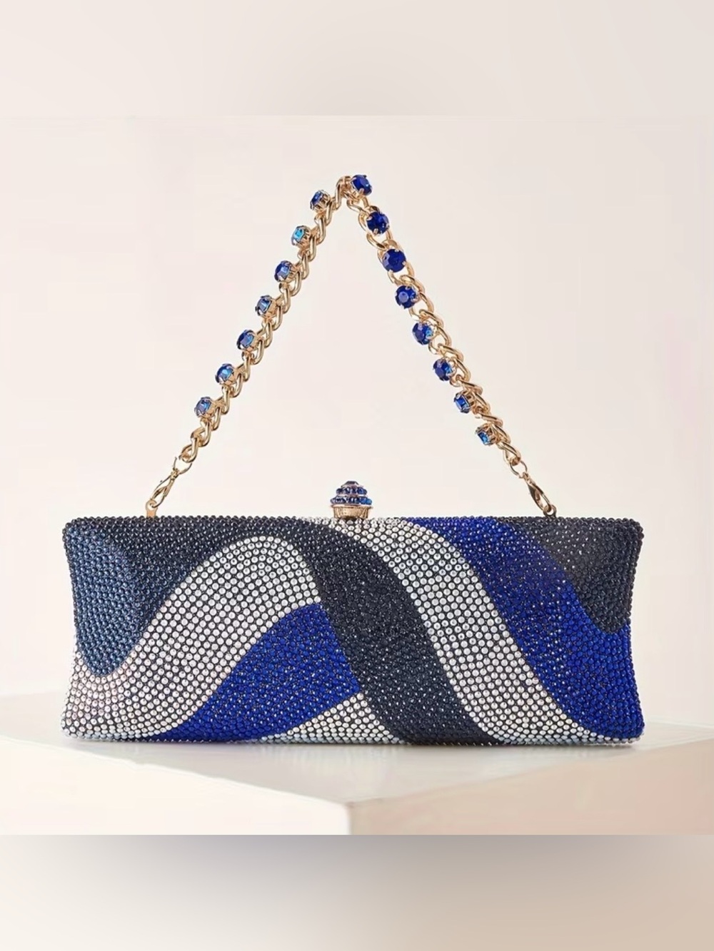 Crystal-Embellished Wave Clutch in Blue, Black & White